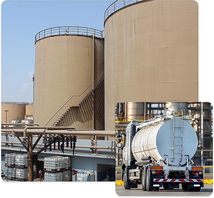 Tank farm and road tanker at a liquid bulk terminal